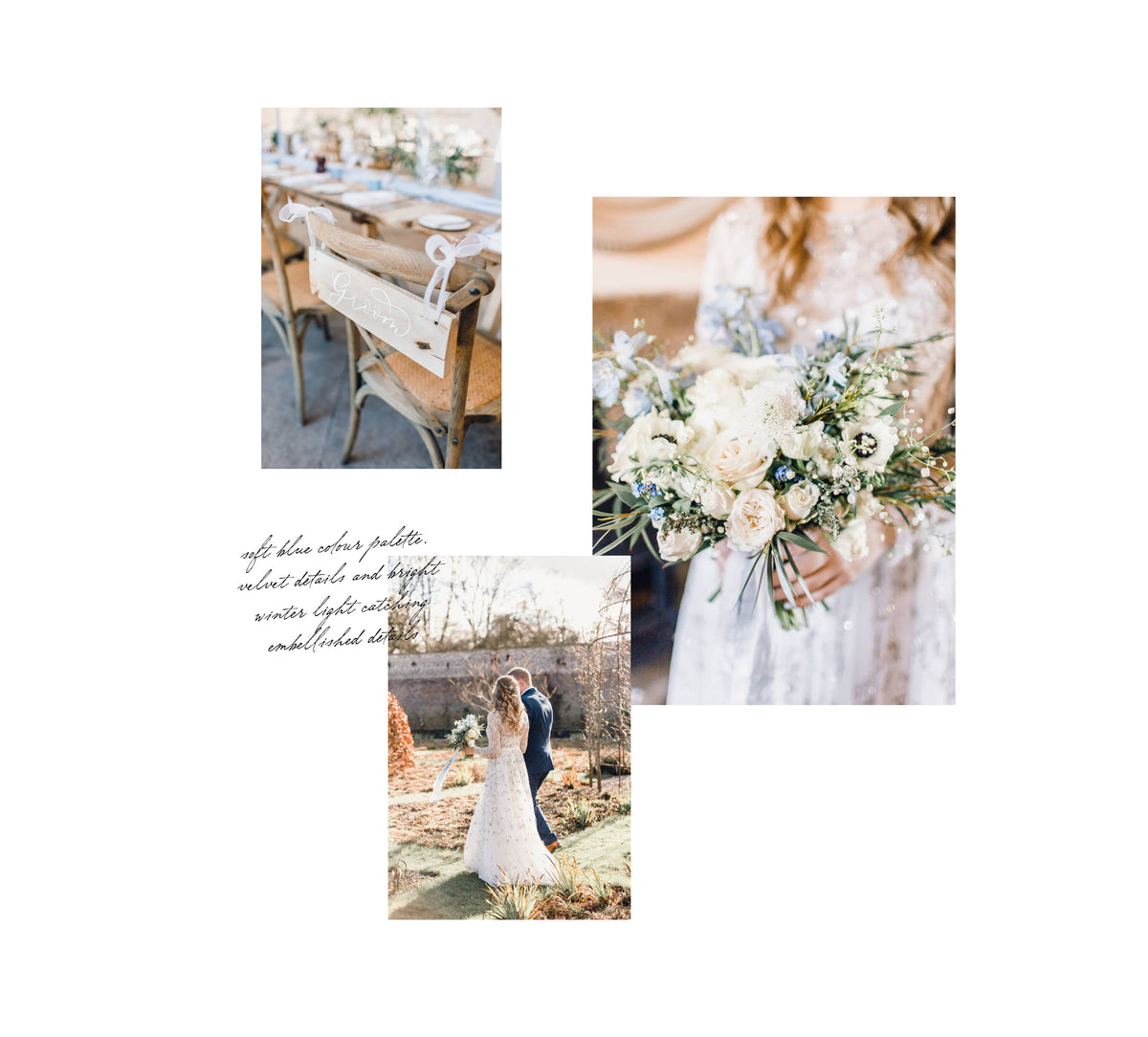A collage of 3 images, the first is a woman in an embellished white bridal dress holding a bouquet of white and blue flowers with trailing blue ribbons. The second image is of a rustic 'groom' sign hanging on the back of a chair and the third image is a bride and groom walking in the gardens at The Fig House, Middleton Lodge.